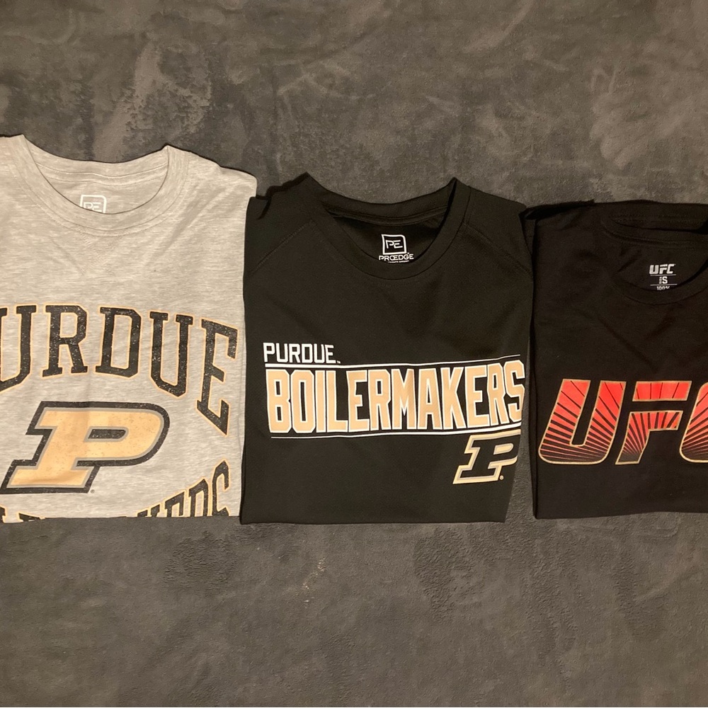 Three shirt bundle. Purdue Boilermakers Black Graphic Tee - Black & Gold and UFC